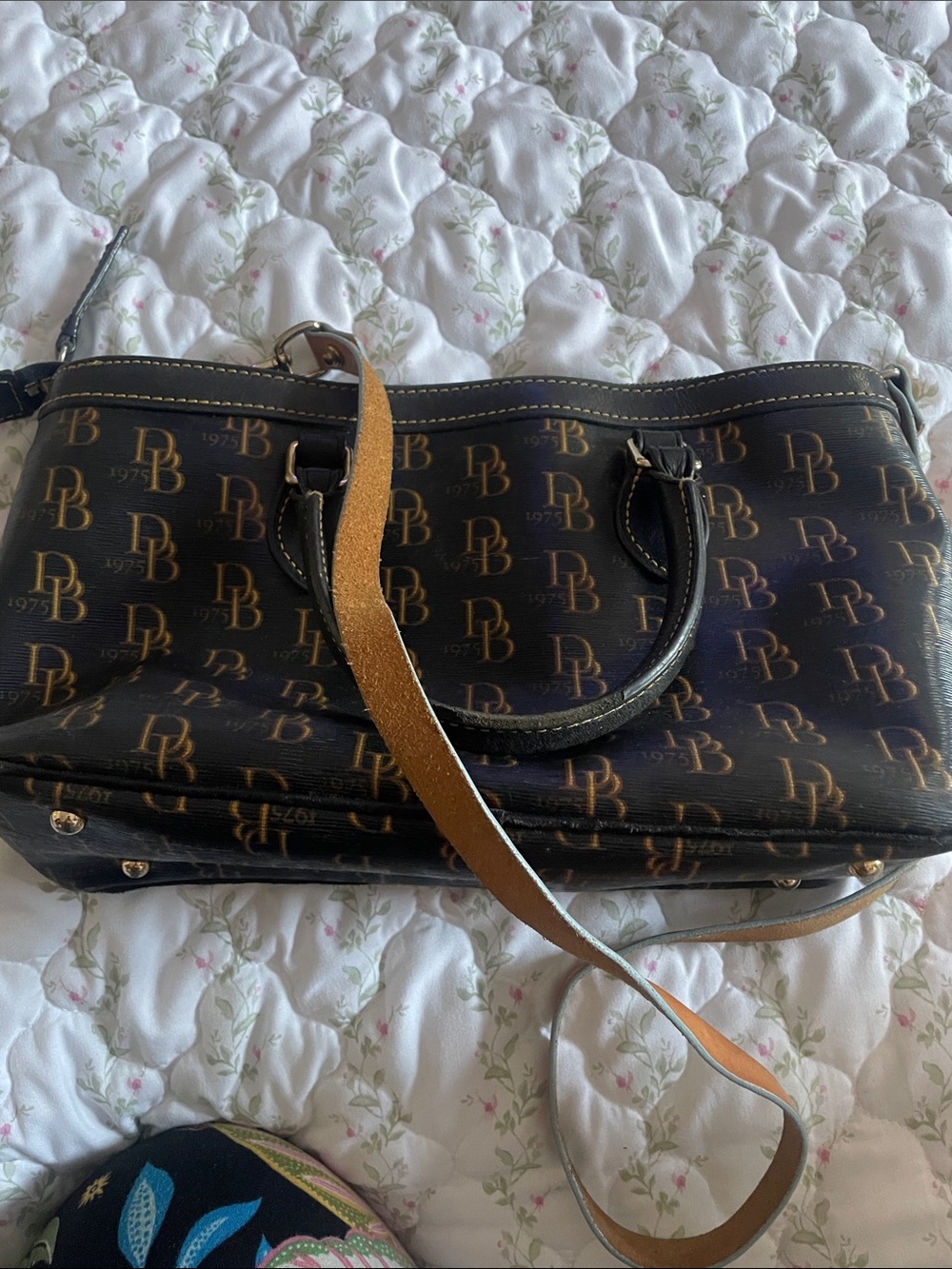 Dooney & Bourke Black and Brown Monogram Satchel with Removable Strap